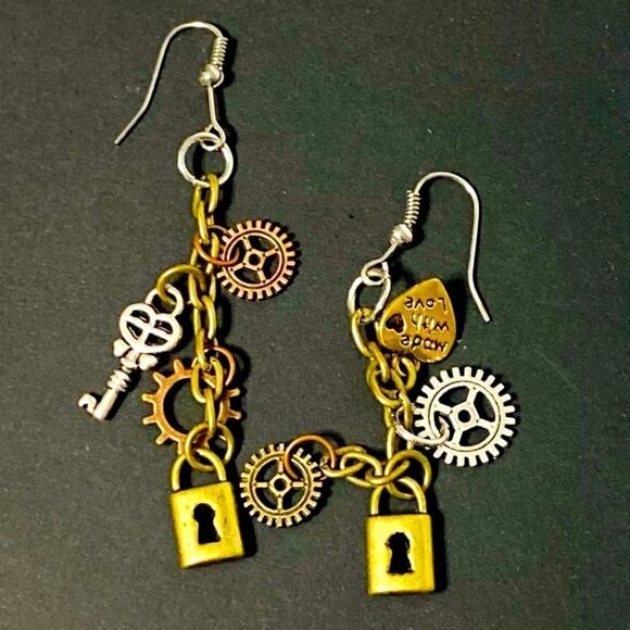 NEW Lockets Hearts Skeleton Keys Punk Gears Charming Minimalist Hanging Earrings - Picture 3 of 3